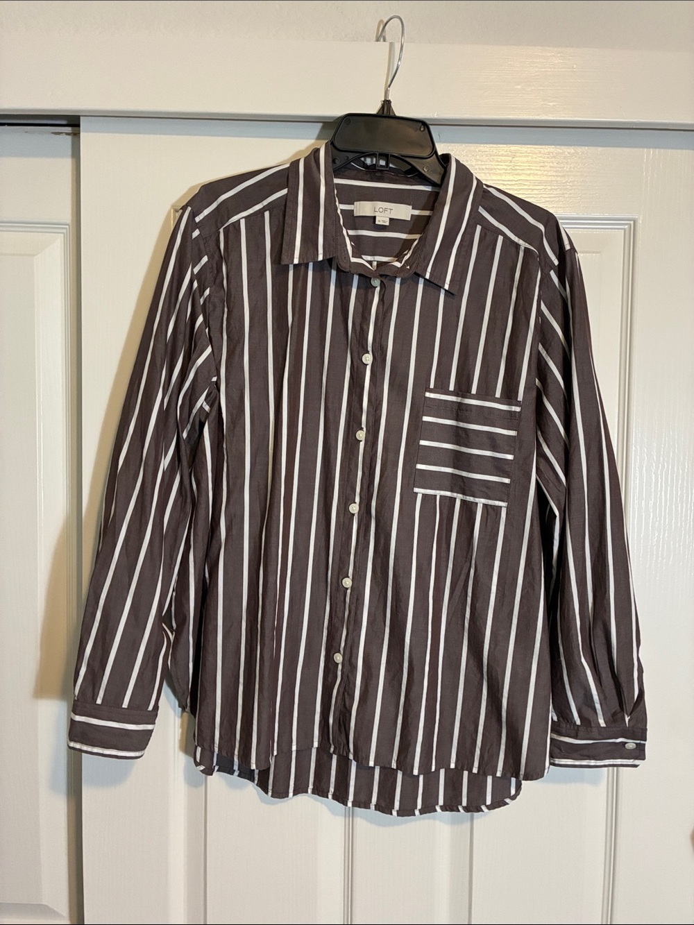 LOFT Brown Shirt with White Vertical Stripes - Button Down